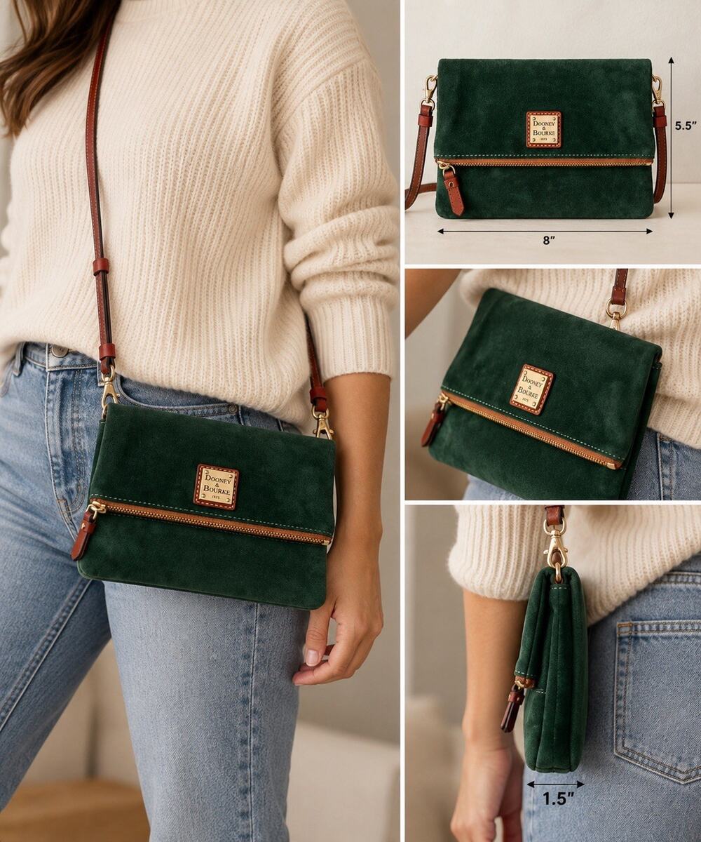 Dooney & Bourke Forest Green Suede Crossbody Hobo Bag Brown Leather Trim